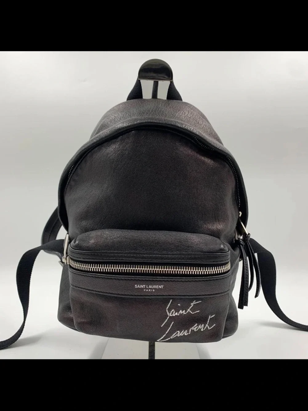 Saint Laurent Black Leather Backpack with Front Logo Pocket